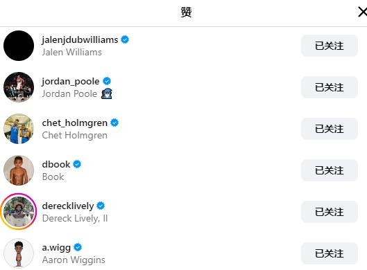 WNBA状元佩奇晒照😍NBA众多单身汉点赞：布克、普尔、雷霆三人~