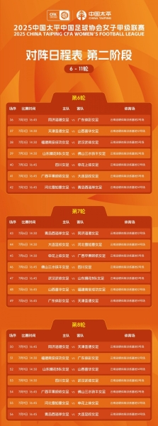 2025中国太平女甲联赛  第二阶段（6-11轮）赛程表更新 ​​​