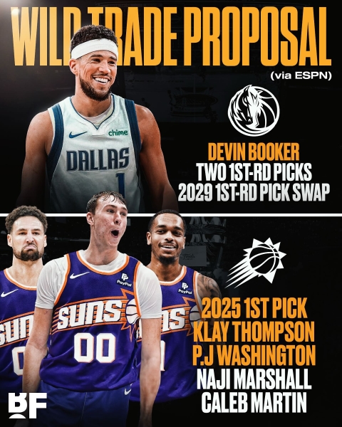 🤯ESPN交易模拟：独行侠送出状元签+克莱等4将换布克+2首轮签等