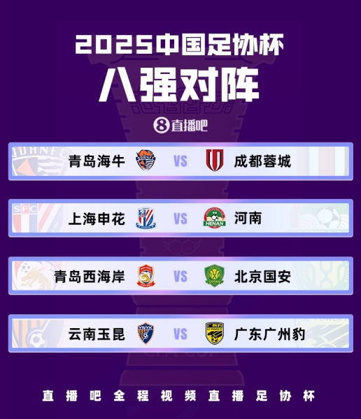1/4决赛对阵：申花vs河南 海牛vs蓉城 西海岸vs国安 玉昆vs广州豹