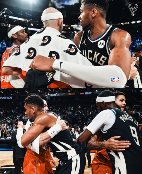 我们击败过你们呦！雄鹿官推晒NBA杯决赛图 祝贺雷霆夺得总冠军