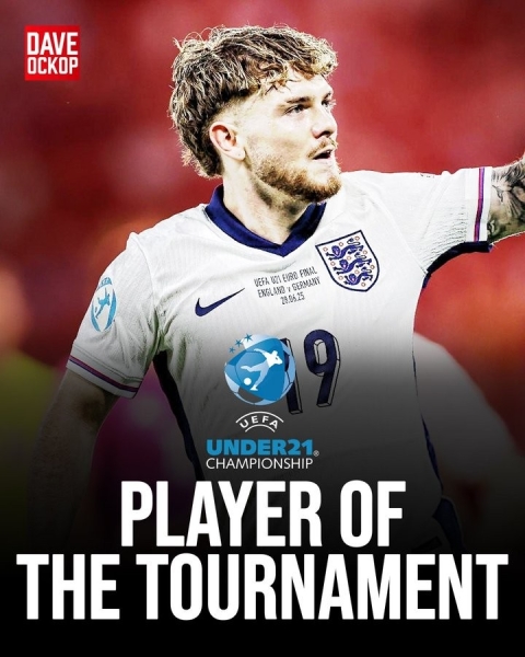 当选U21欧洲杯赛事MVP！埃利奥特是英格兰历史第3人