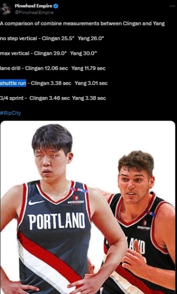 👍拓媒晒克林根与杨瀚森的联合试训体测数据对比 杨全面占优
